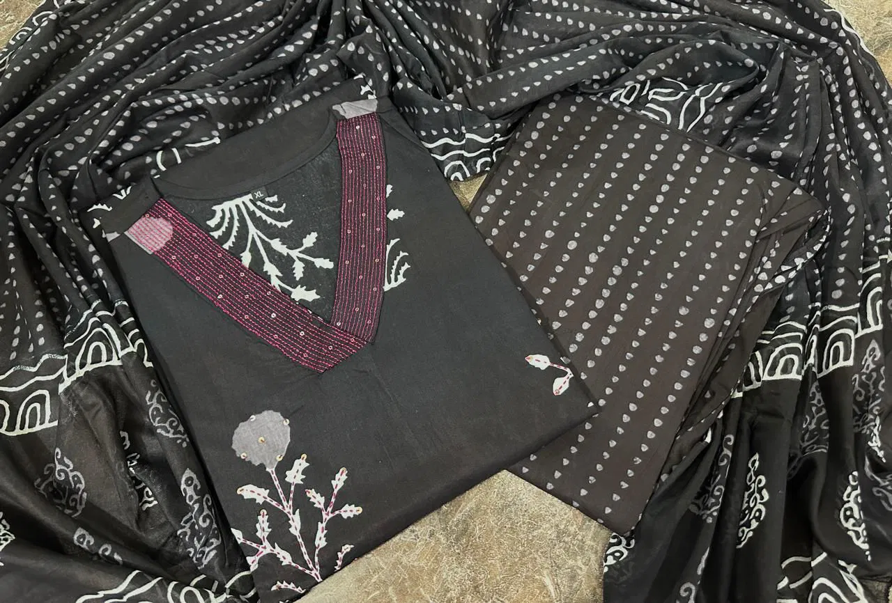 KF Black Kalaai Hand Block Printed Kurti With Bottom Dupatta Wholesale Online